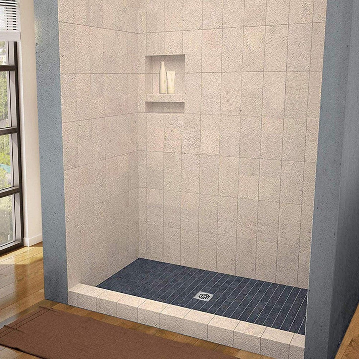 WoodBridge 48" x 32" Black Solid Tileable Integrated Center PVC Drain Shower Base With MBSDC4876-B Brushed Nickel Hardware Frameless Shower Door and SWP603696-2-SU-H Matte Gray Vertical Pattern 3-Panel Shower Wall Kit