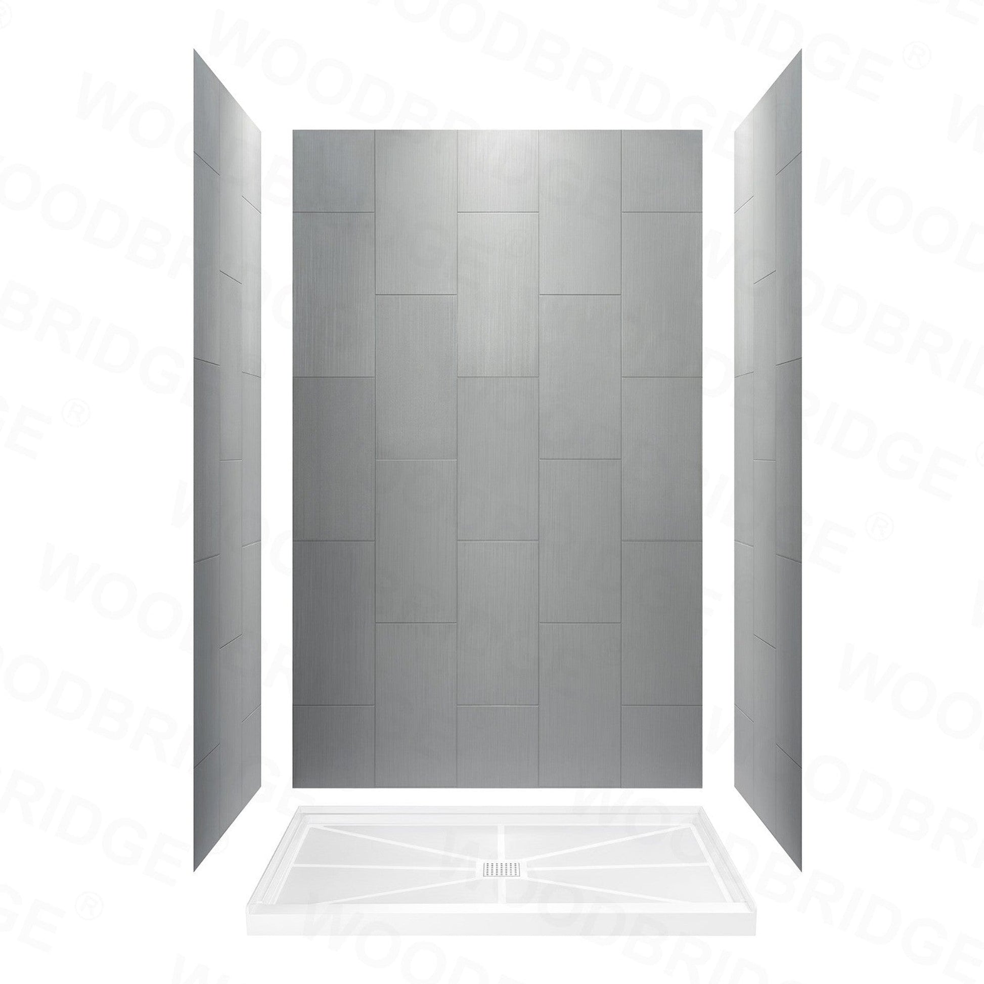 WoodBridge 48" x 32" Black Solid Tileable Integrated Center PVC Drain Shower Base With MBSDC4876-BG Brushed Gold Hardware Frameless Shower Door and SWP603296-2-SU-H Matte Gray Vertical Pattern 3-Panel Shower Wall Kit