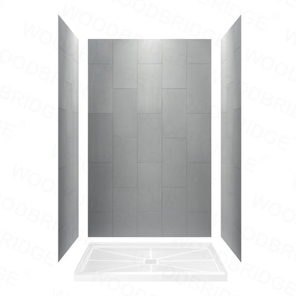 WoodBridge 48" x 32" Black Solid Tileable Integrated Center PVC Drain Shower Base With MBSDC4876-BG Brushed Gold Hardware Frameless Shower Door and SWP603696-2-SU-H Matte Gray Vertical Pattern 3-Panel Shower Wall Kit