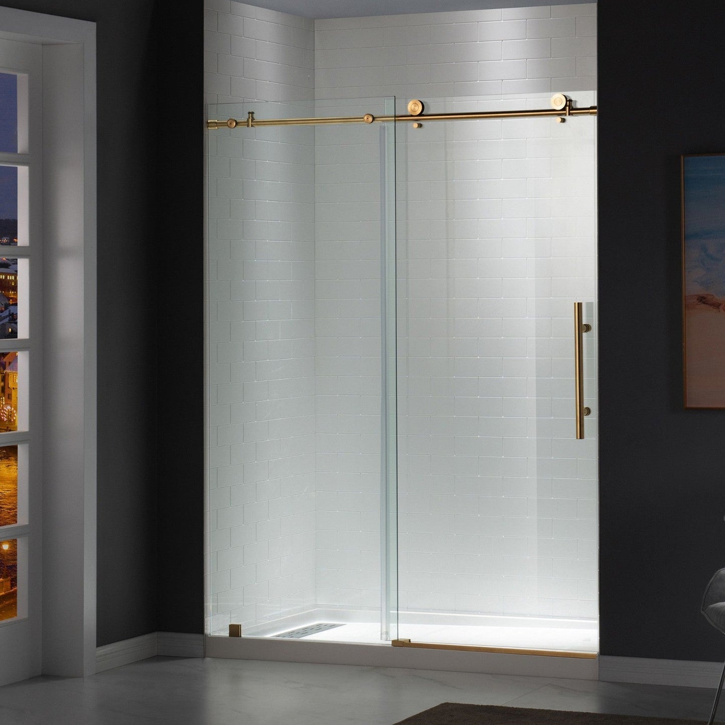 WoodBridge 48" x 32" Black Solid Tileable Integrated Center PVC Drain Shower Base With MBSDC4876-BG Brushed Gold Hardware Frameless Shower Door and SWP603696-3-SB-M Matte White Vertical Pattern 3-Panel Shower Wall Kit