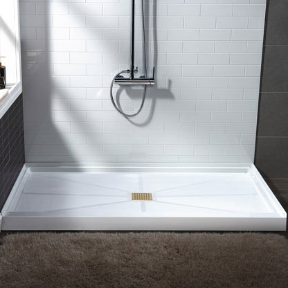 WoodBridge 48" x 32" White Solid Surface Shower Base Center Drain Location With Brushed Gold Trench Drain Cover