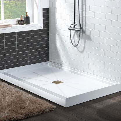 WoodBridge 48" x 32" White Solid Surface Shower Base Center Drain Location With Brushed Gold Trench Drain Cover