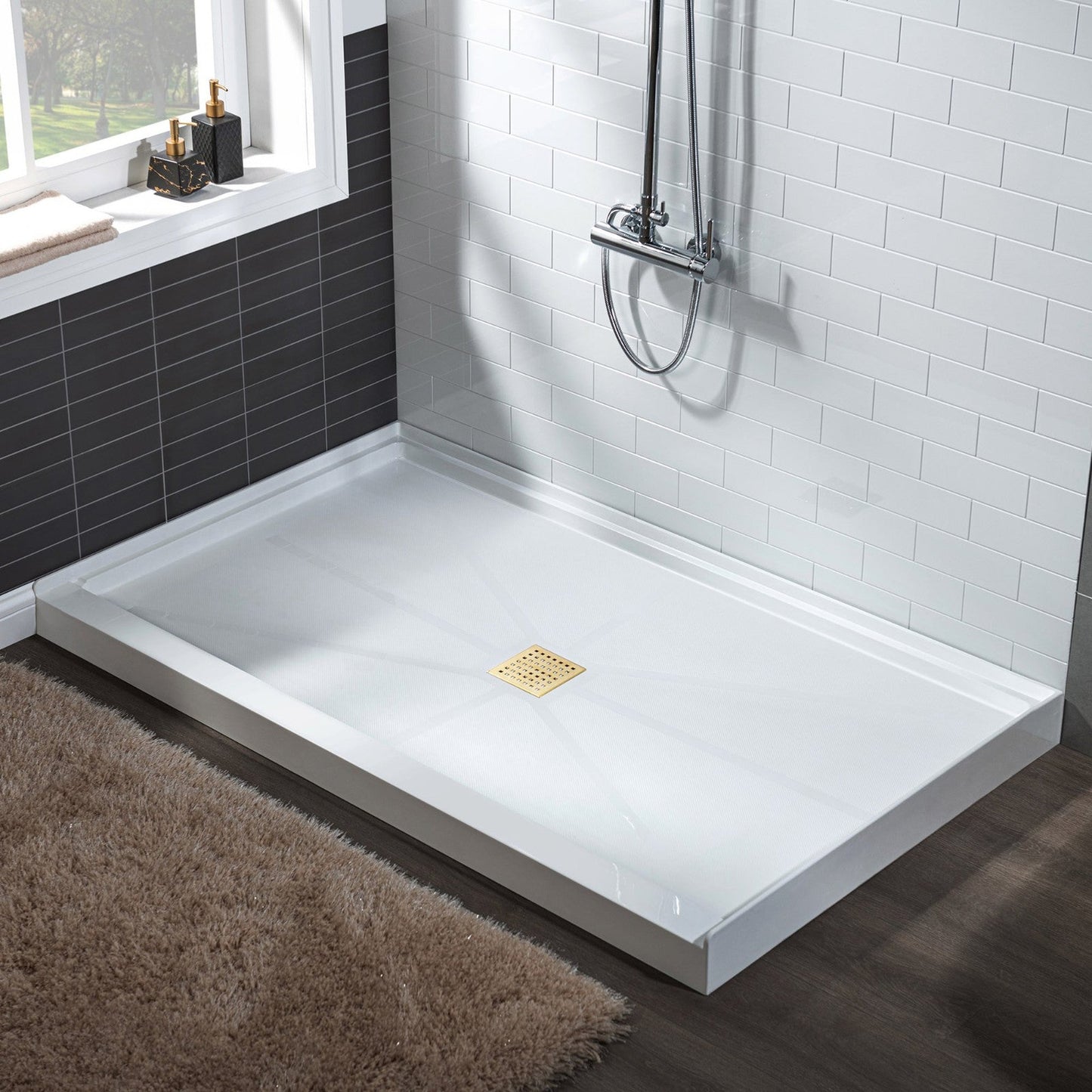 WoodBridge 48" x 32" White Solid Surface Shower Base Center Drain Location With Brushed Gold Trench Drain Cover