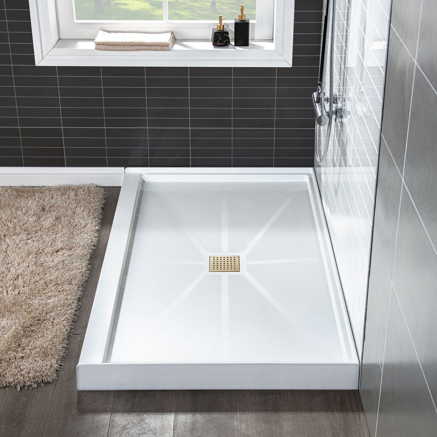 WoodBridge 48" x 32" White Solid Surface Shower Base Center Drain Location With Brushed Gold Trench Drain Cover