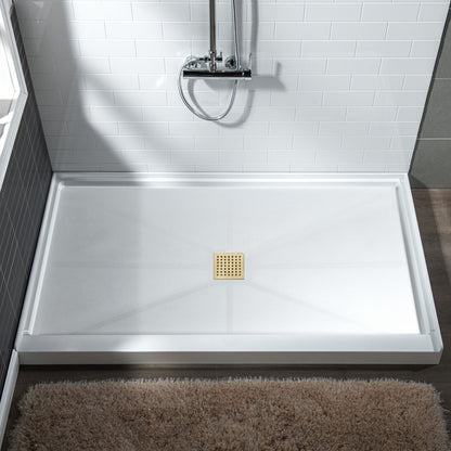 WoodBridge 48" x 32" White Solid Surface Shower Base Center Drain Location With Brushed Gold Trench Drain Cover