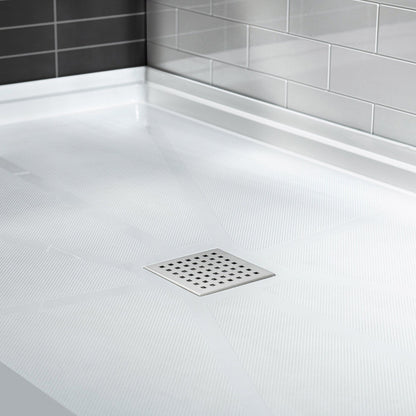 WoodBridge 48" x 32" White Solid Surface Shower Base Center Drain Location With Brushed Nickel Trench Drain Cover