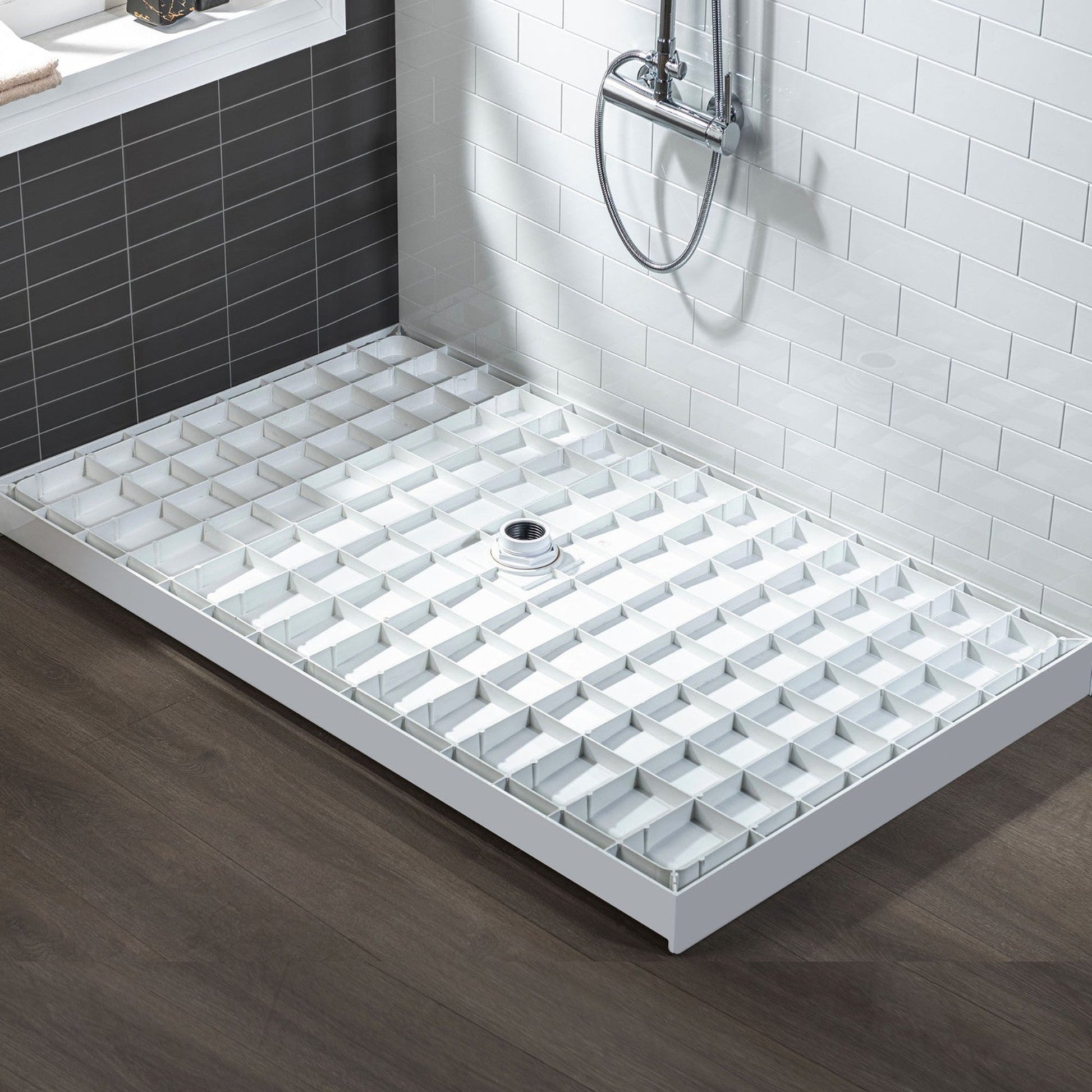 WoodBridge 48" x 32" White Solid Surface Shower Base Center Drain Location With Brushed Nickel Trench Drain Cover