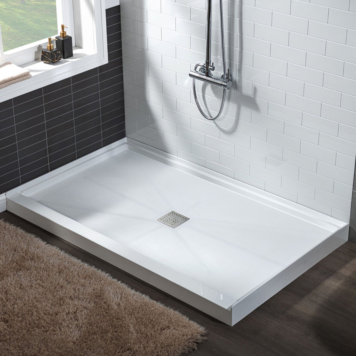 WoodBridge 48" x 32" White Solid Surface Shower Base Center Drain Location With Brushed Nickel Trench Drain Cover