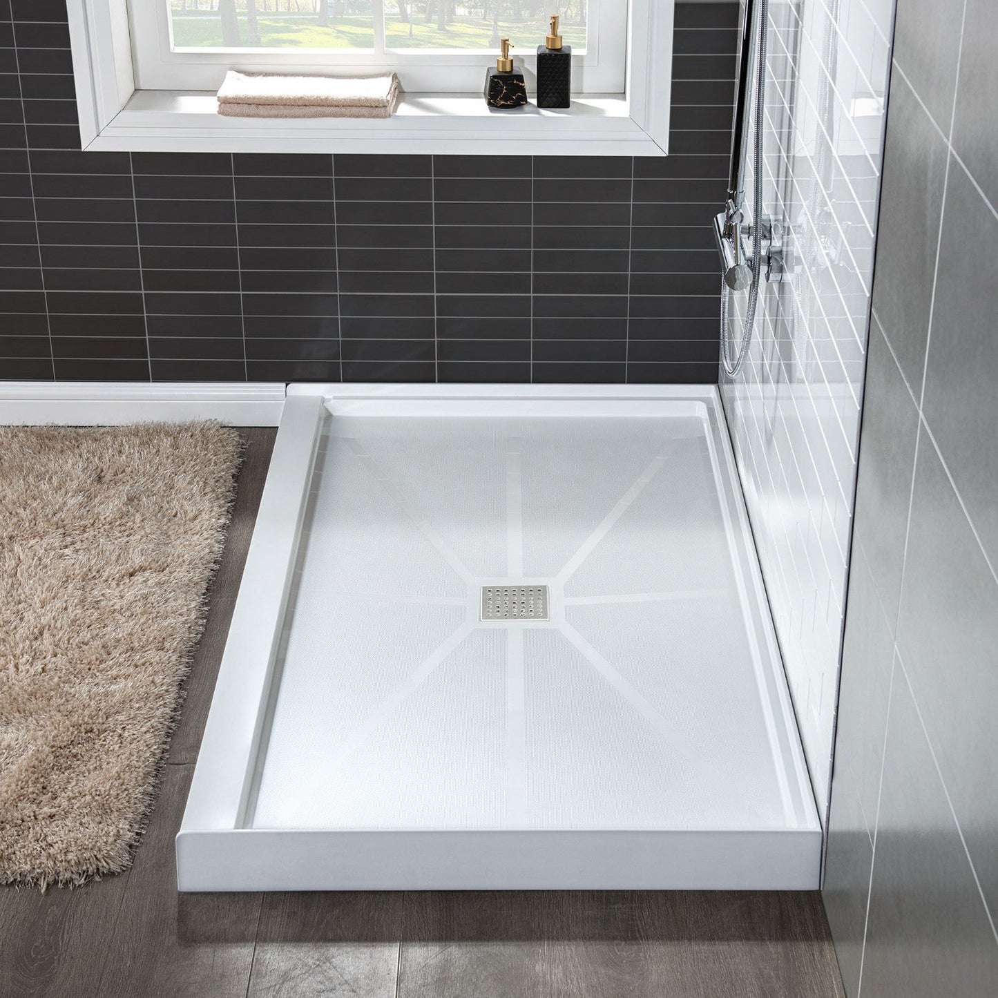 WoodBridge 48" x 32" White Solid Surface Shower Base Center Drain Location With Brushed Nickel Trench Drain Cover