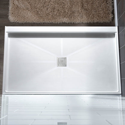 WoodBridge 48" x 32" White Solid Surface Shower Base Center Drain Location With Brushed Nickel Trench Drain Cover