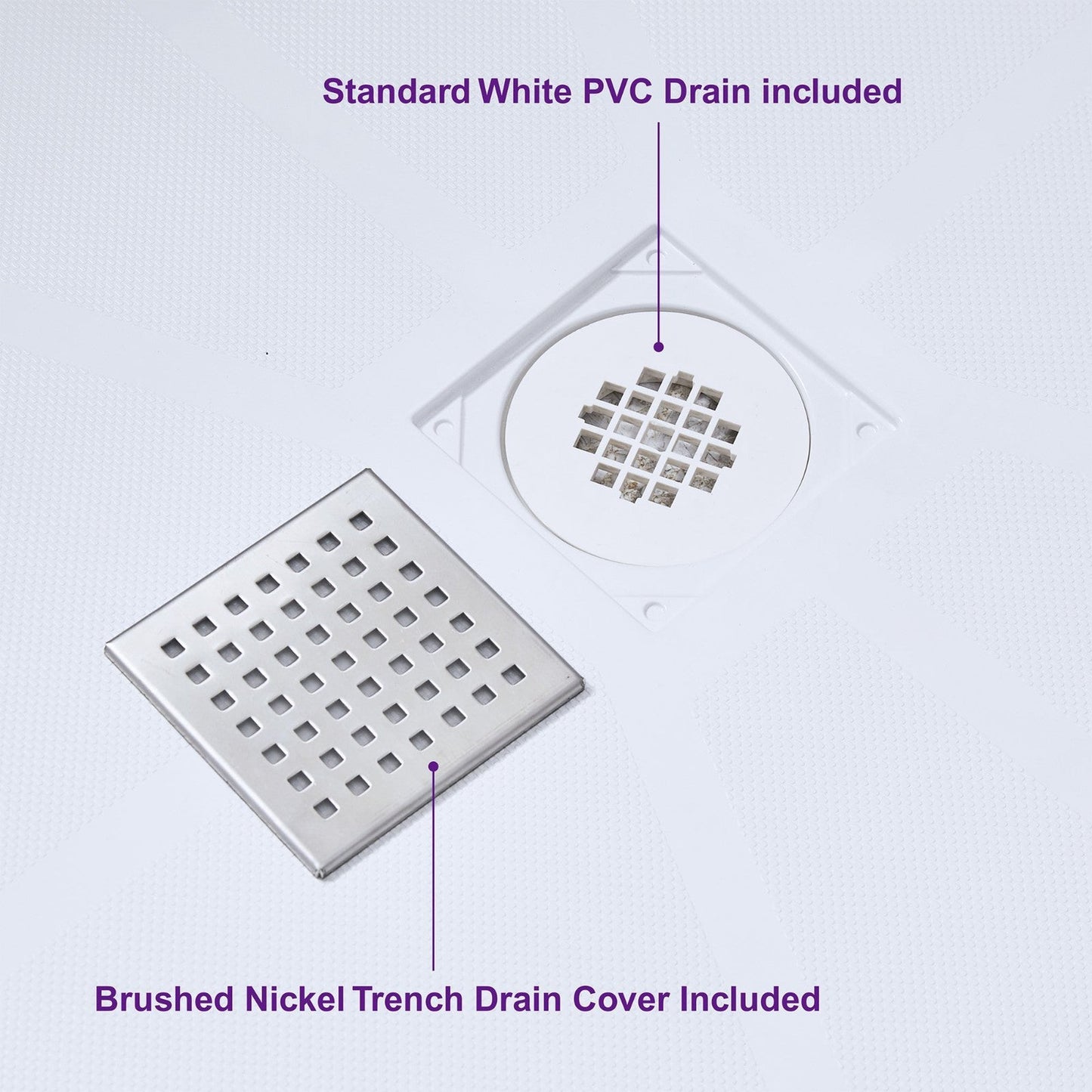 WoodBridge 48" x 32" White Solid Surface Shower Base Center Drain Location With Brushed Nickel Trench Drain Cover