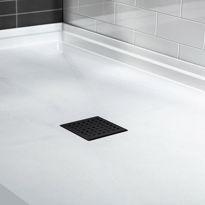 WoodBridge 48" x 32" White Solid Surface Shower Base Center Drain Location With Matte Black Trench Drain Cover