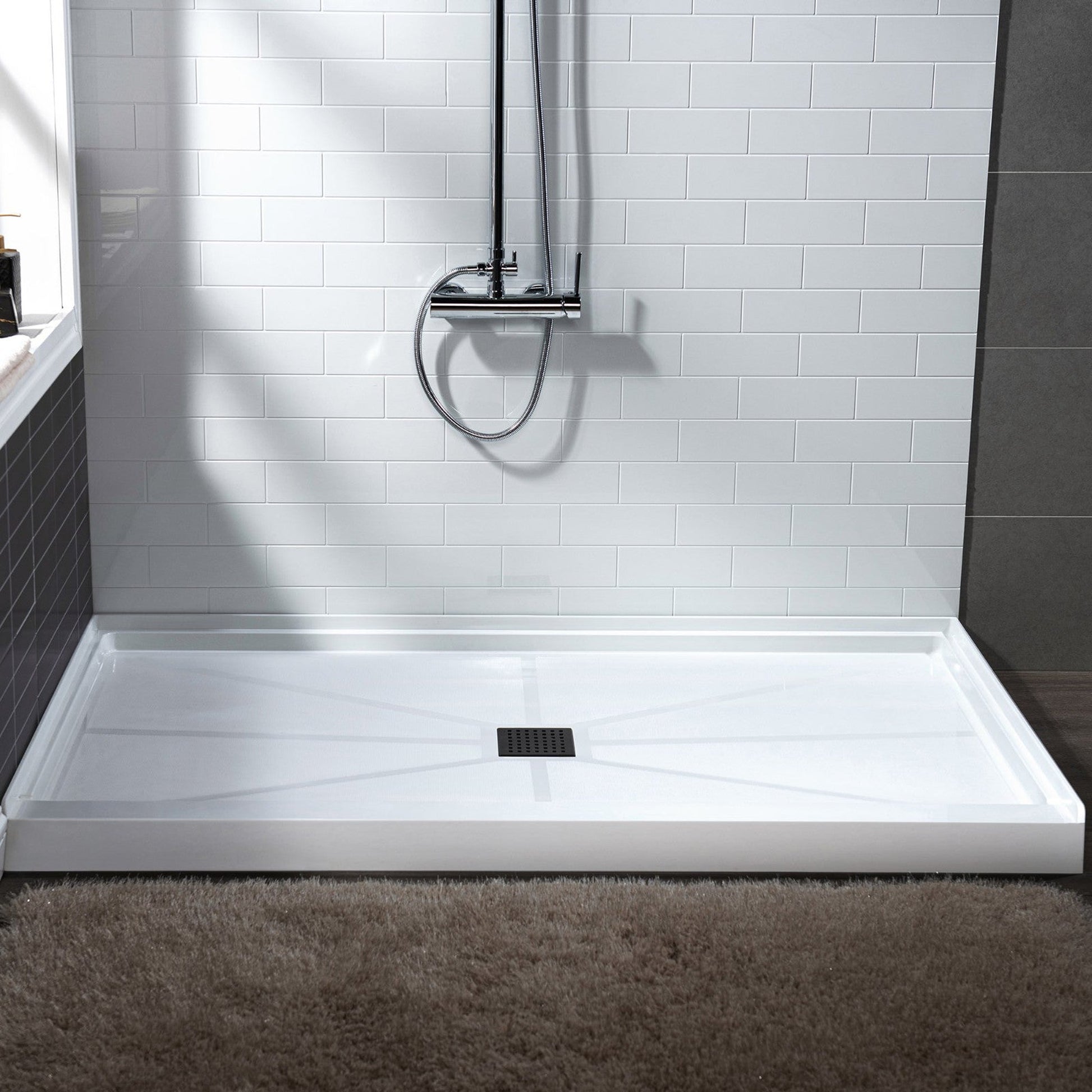 WoodBridge 48" x 32" White Solid Surface Shower Base Center Drain Location With Matte Black Trench Drain Cover