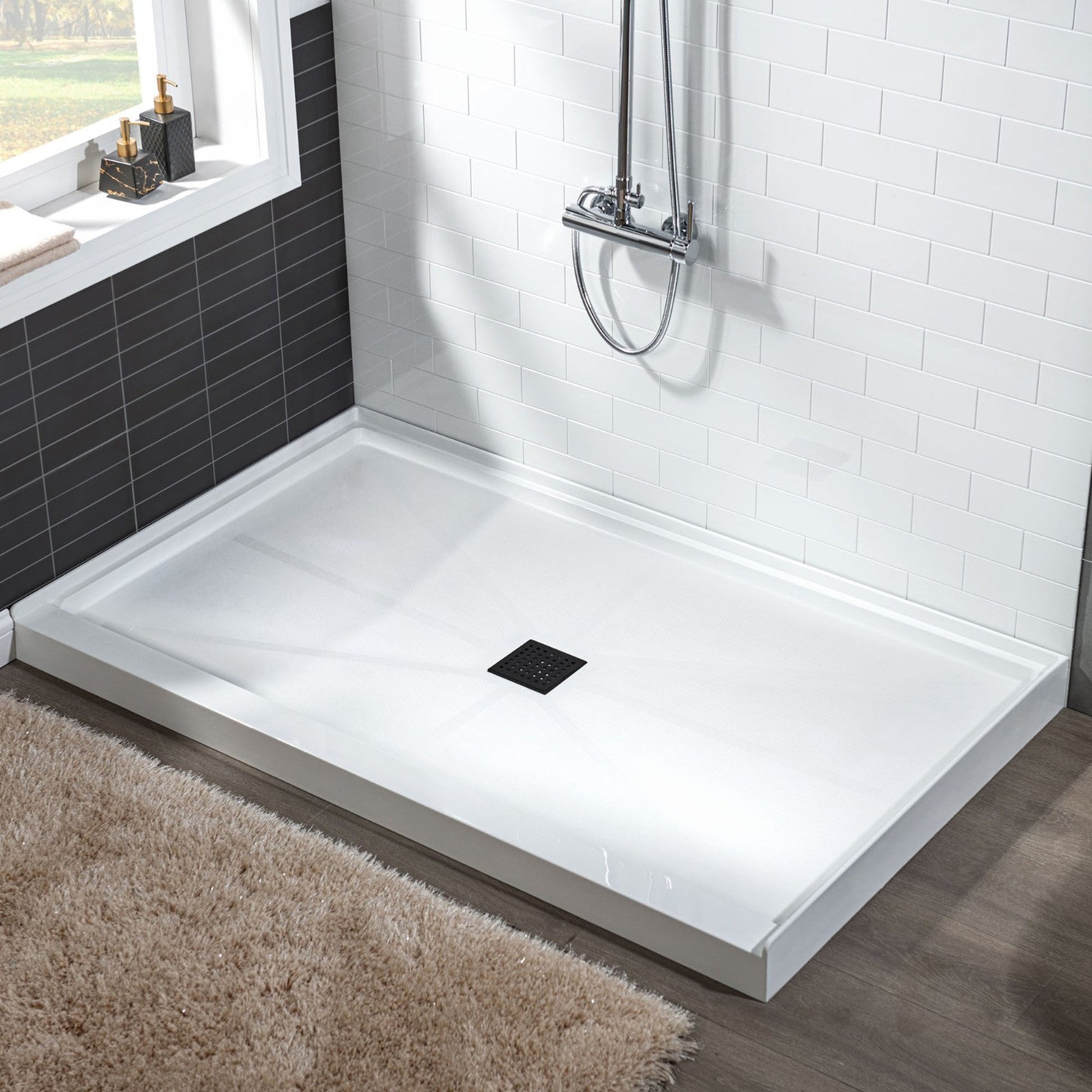 WoodBridge 48" x 32" White Solid Surface Shower Base Center Drain Location With Matte Black Trench Drain Cover