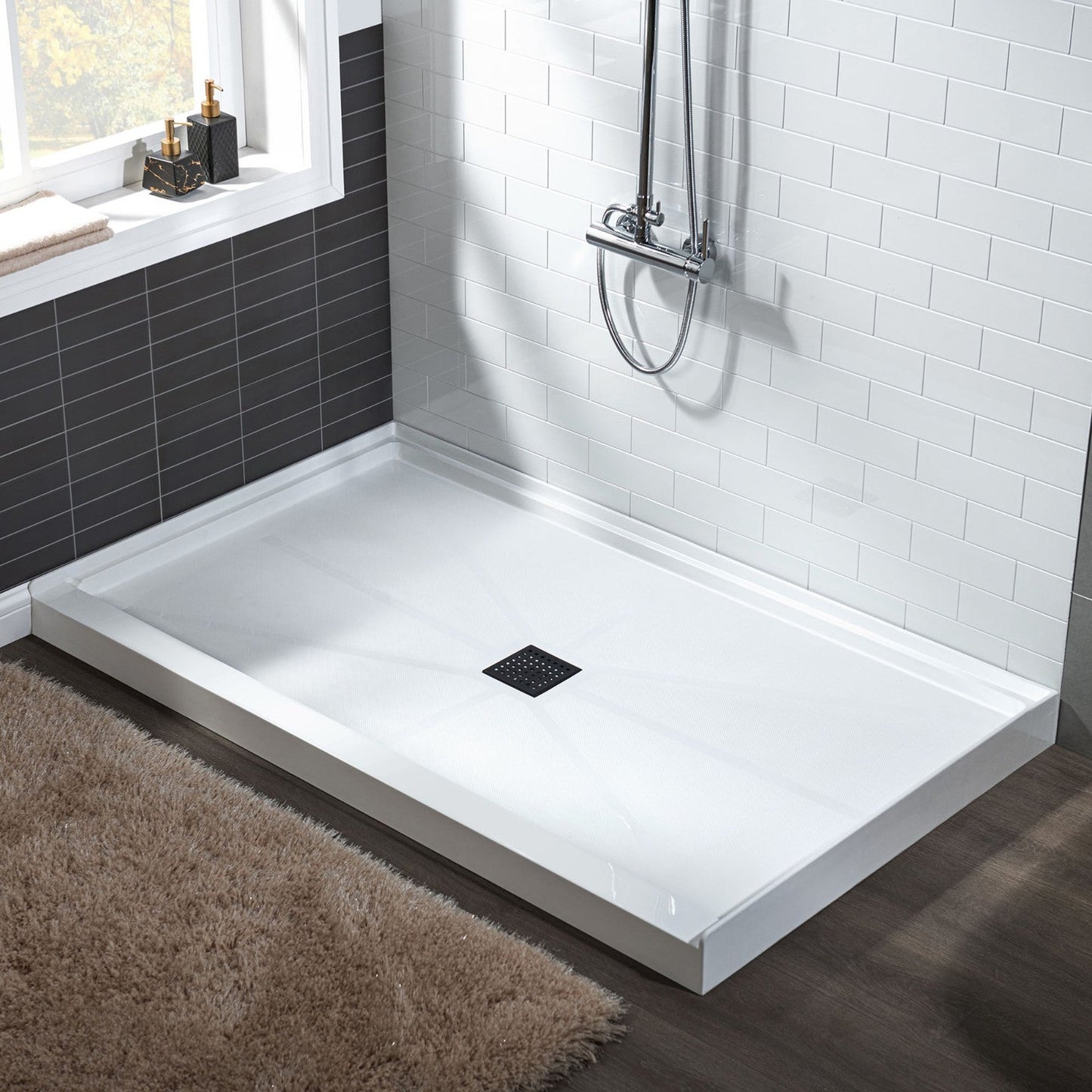 WoodBridge 48" x 32" White Solid Surface Shower Base Center Drain Location With Matte Black Trench Drain Cover