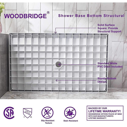 WoodBridge 48" x 32" White Solid Surface Shower Base Center Drain Location With Matte Black Trench Drain Cover