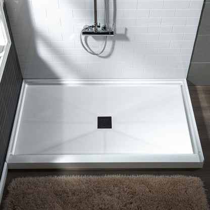 WoodBridge 48" x 32" White Solid Surface Shower Base Center Drain Location With Matte Black Trench Drain Cover