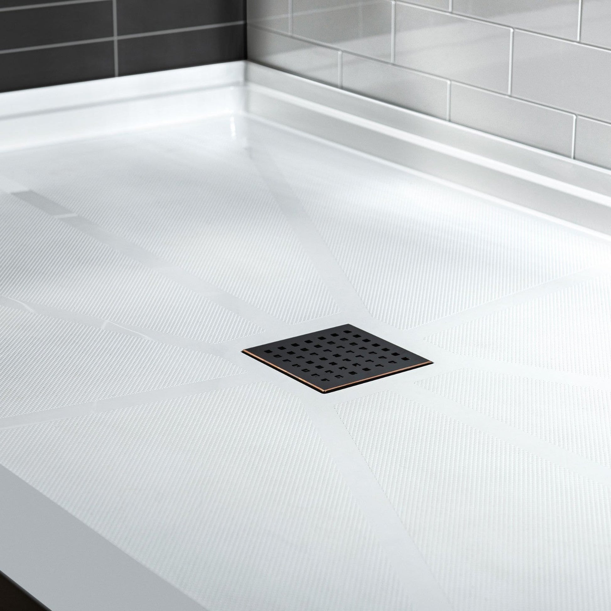 WoodBridge 48" x 32" White Solid Surface Shower Base Center Drain Location With Oil Rubbed Bronze Trench Drain Cover