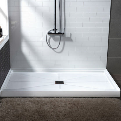 WoodBridge 48" x 32" White Solid Surface Shower Base Center Drain Location With Oil Rubbed Bronze Trench Drain Cover