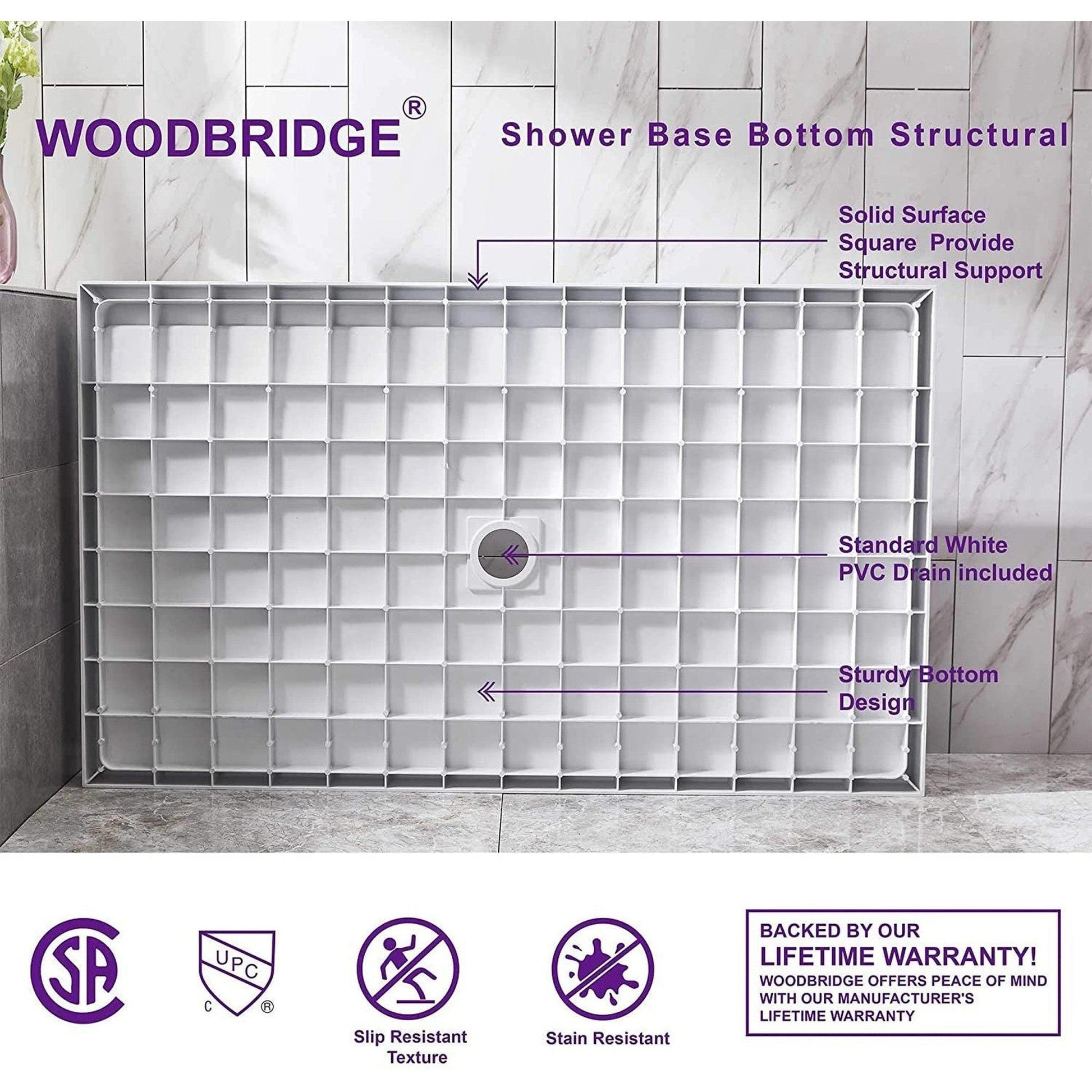 WoodBridge 48" x 32" White Solid Surface Shower Base Center Drain Location With Oil Rubbed Bronze Trench Drain Cover