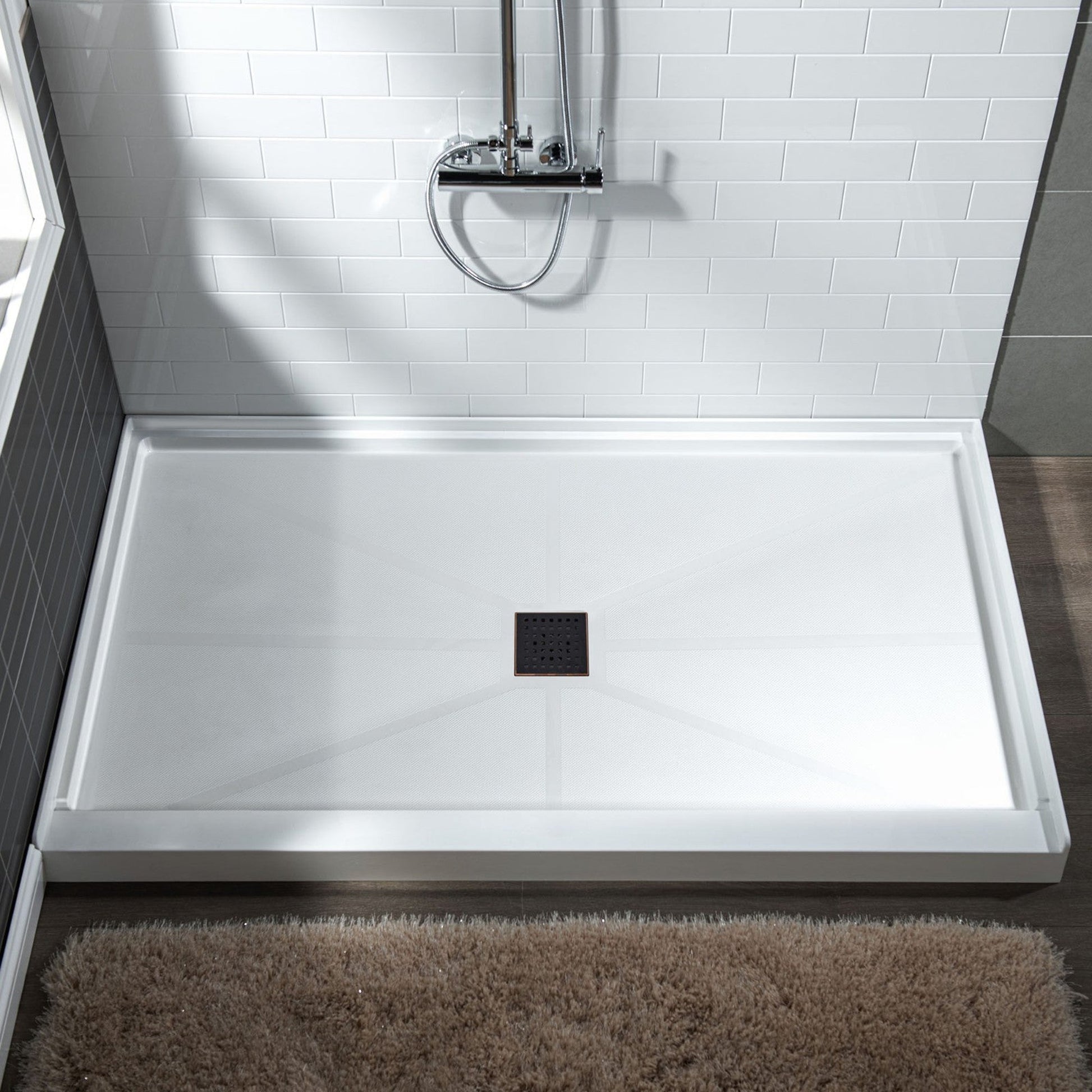 WoodBridge 48" x 32" White Solid Surface Shower Base Center Drain Location With Oil Rubbed Bronze Trench Drain Cover