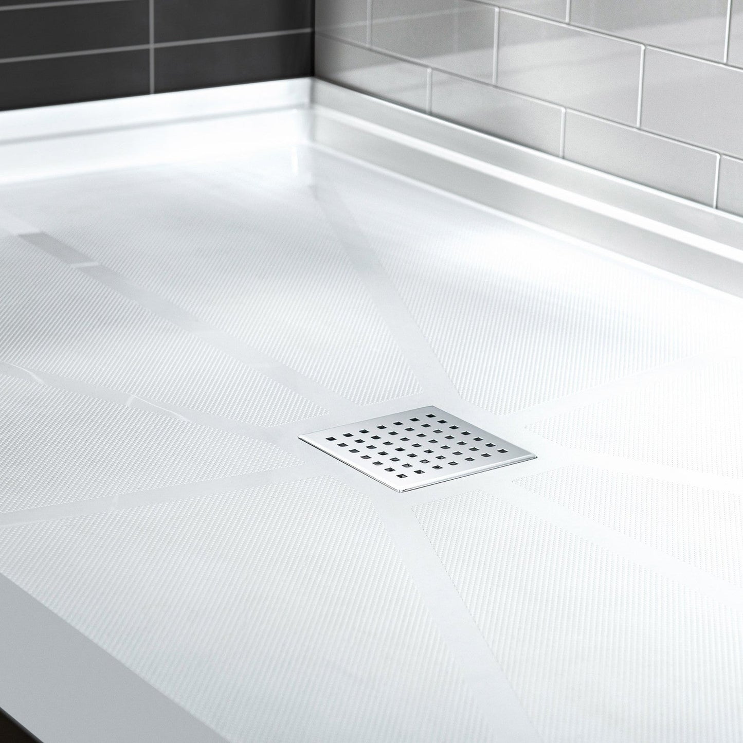 WoodBridge 48" x 32" White Solid Surface Shower Base Center Drain Location With Polished Chrome Trench Drain Cover