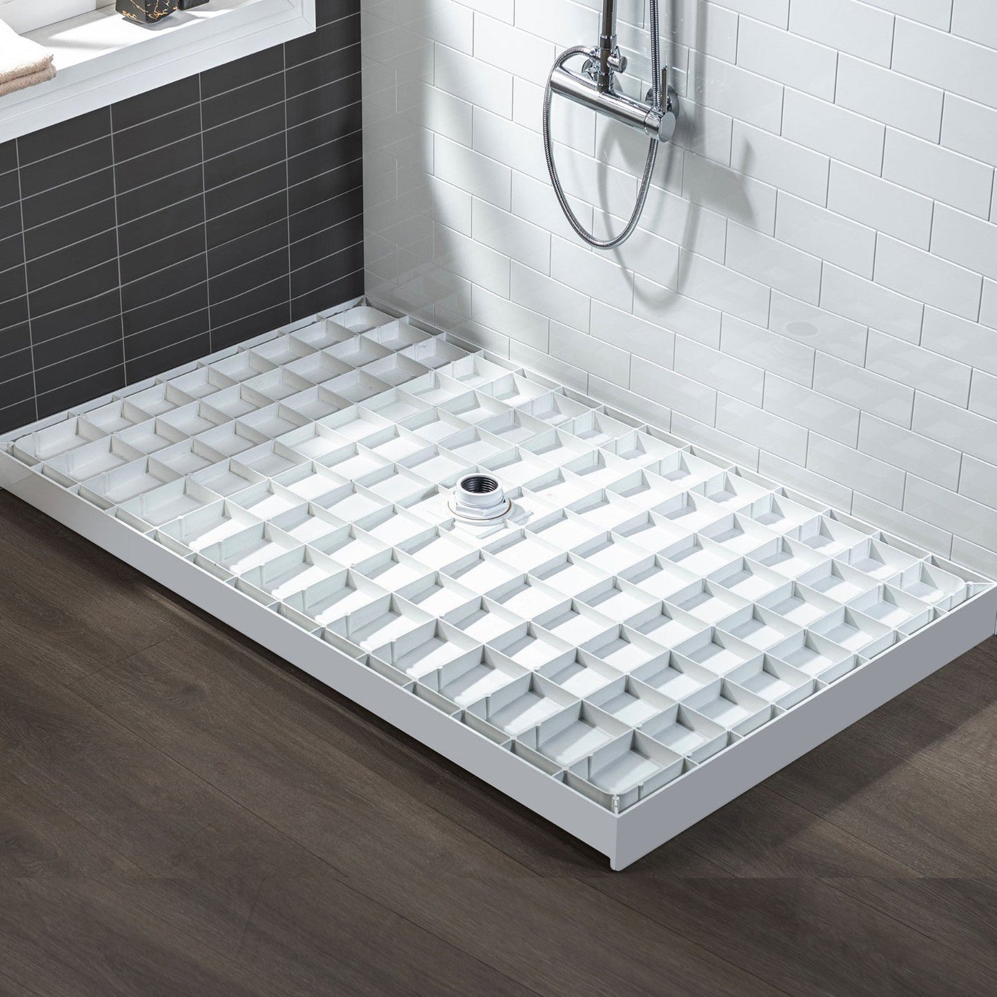 WoodBridge 48" x 32" White Solid Surface Shower Base Center Drain Location With Polished Chrome Trench Drain Cover