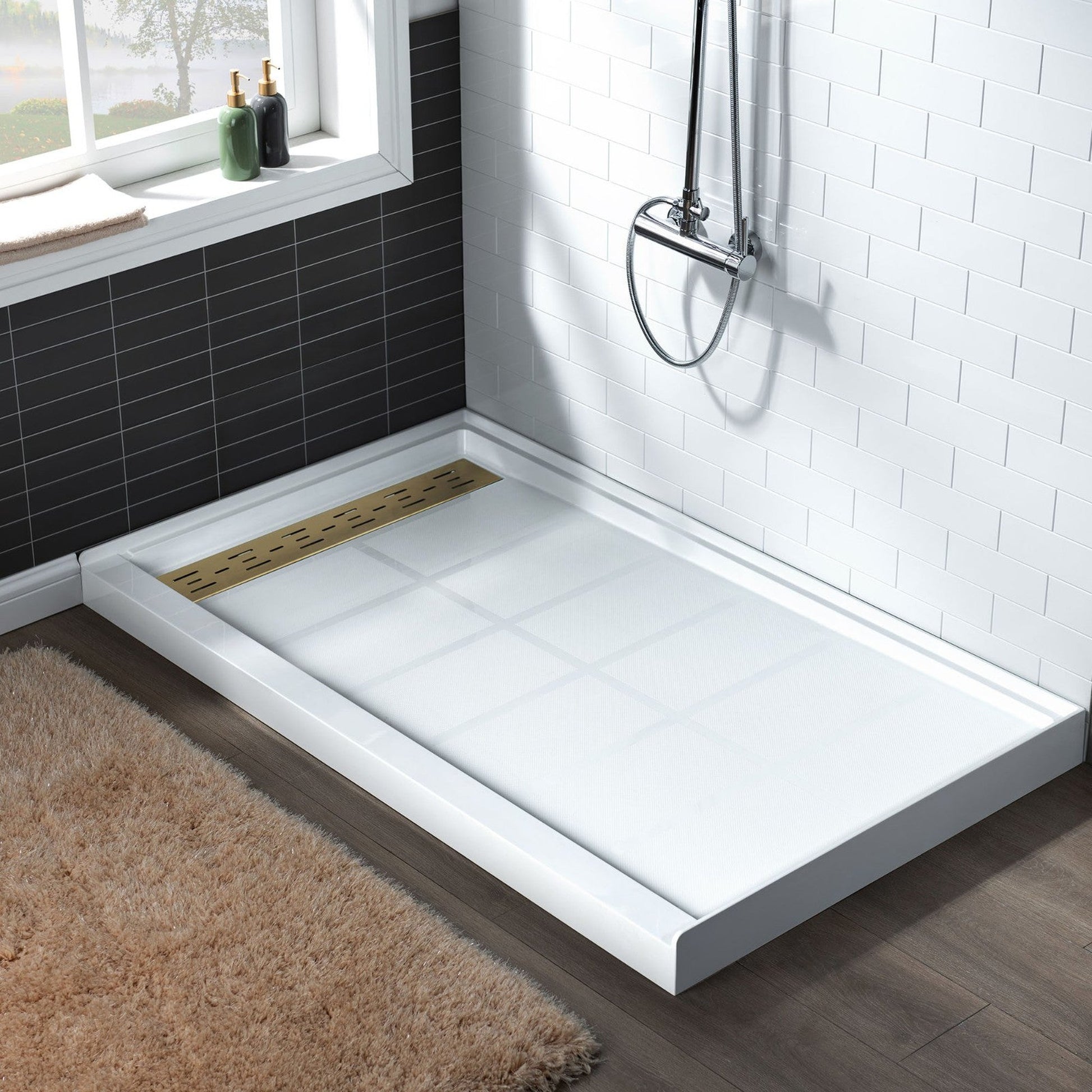 WoodBridge 48" x 32" White Solid Surface Shower Base Left Drain Location With Brushed Gold Trench Drain Cover