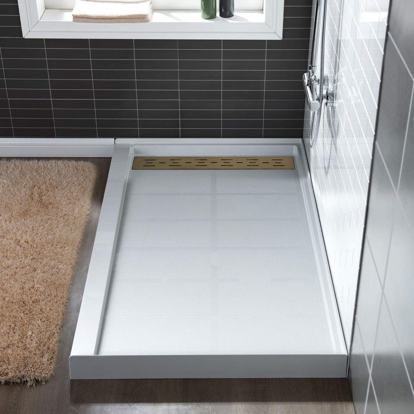 WoodBridge 48" x 32" White Solid Surface Shower Base Left Drain Location With Brushed Gold Trench Drain Cover