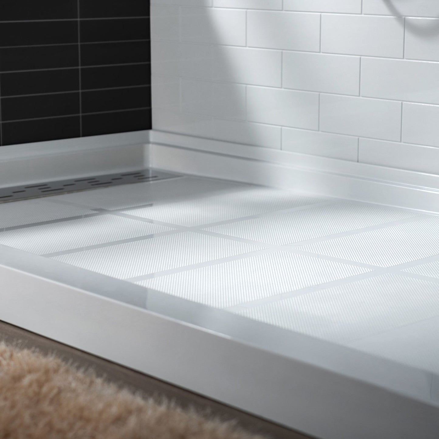 WoodBridge 48" x 32" White Solid Surface Shower Base Left Drain Location With Brushed Nickel Trench Drain Cover