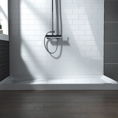 WoodBridge 48" x 32" White Solid Surface Shower Base Left Drain Location With Chrome Trench Drain Cover