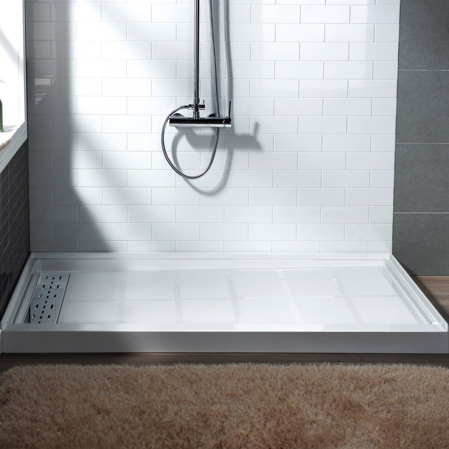 WoodBridge 48" x 32" White Solid Surface Shower Base Left Drain Location With Chrome Trench Drain Cover