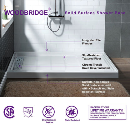 WoodBridge 48" x 32" White Solid Surface Shower Base Left Drain Location With Chrome Trench Drain Cover