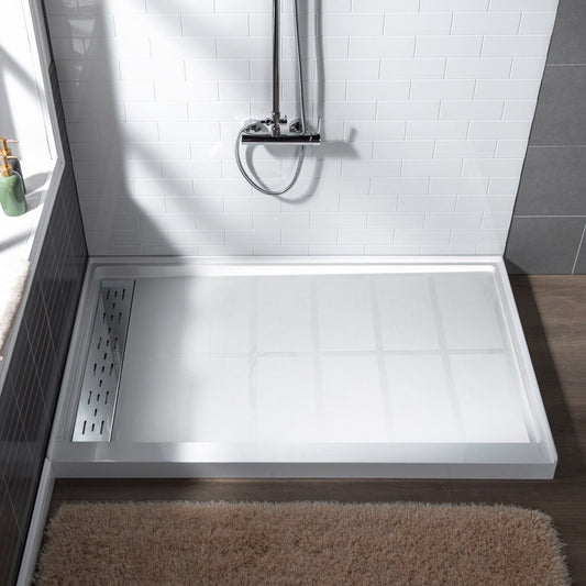 WoodBridge 48" x 32" White Solid Surface Shower Base Left Drain Location With Chrome Trench Drain Cover