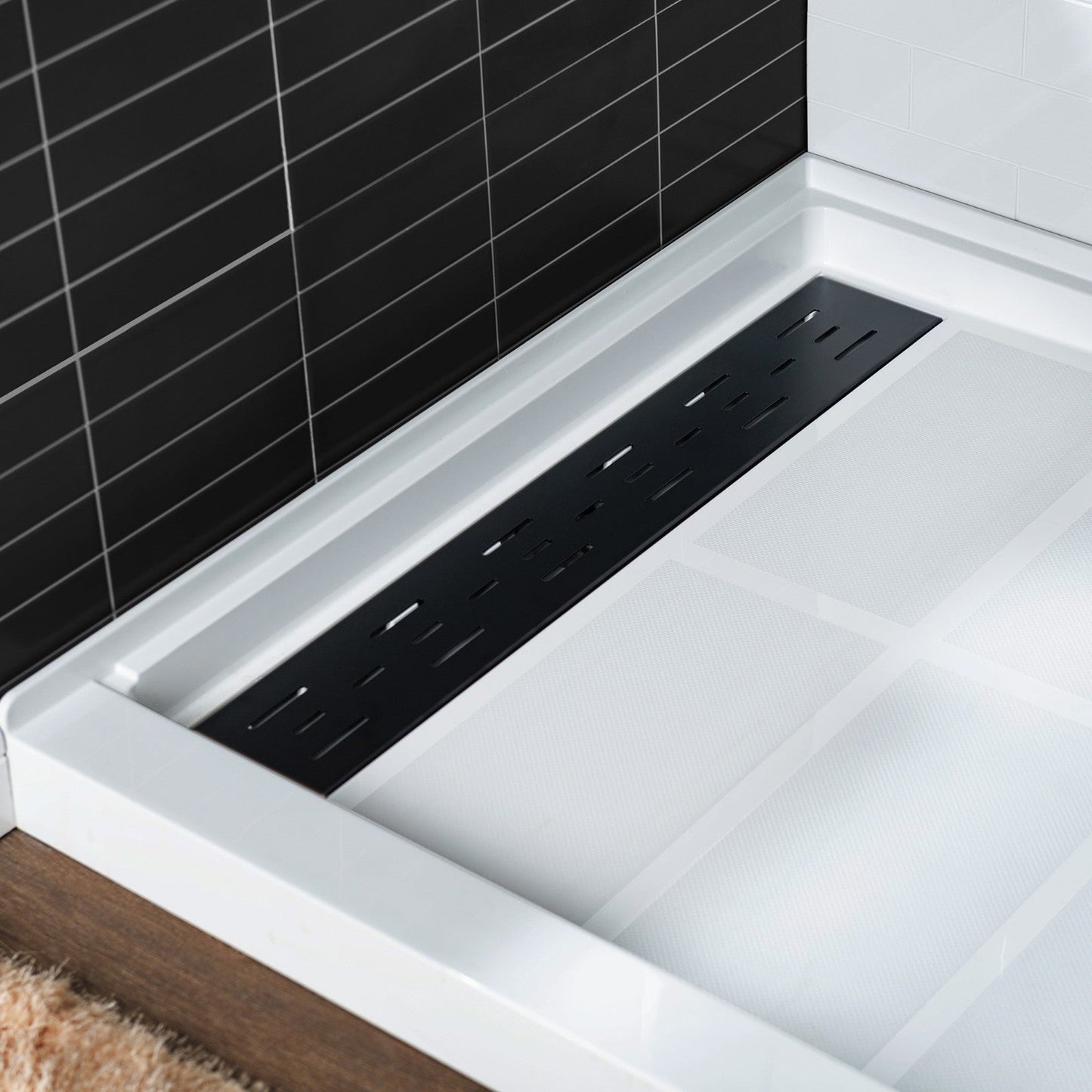 WoodBridge 48" x 32" White Solid Surface Shower Base Left Drain Location With Matte Black Trench Drain Cover