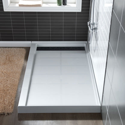 WoodBridge 48" x 32" White Solid Surface Shower Base Left Drain Location With Matte Black Trench Drain Cover