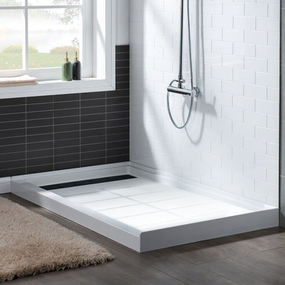 WoodBridge 48" x 32" White Solid Surface Shower Base Left Drain Location With Matte Black Trench Drain Cover