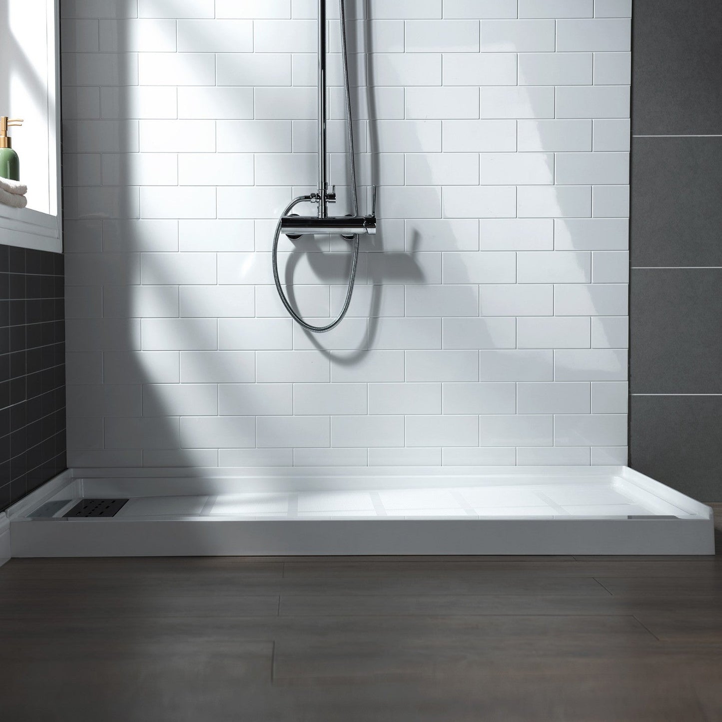 WoodBridge 48" x 32" White Solid Surface Shower Base Left Drain Location With Matte Black Trench Drain Cover