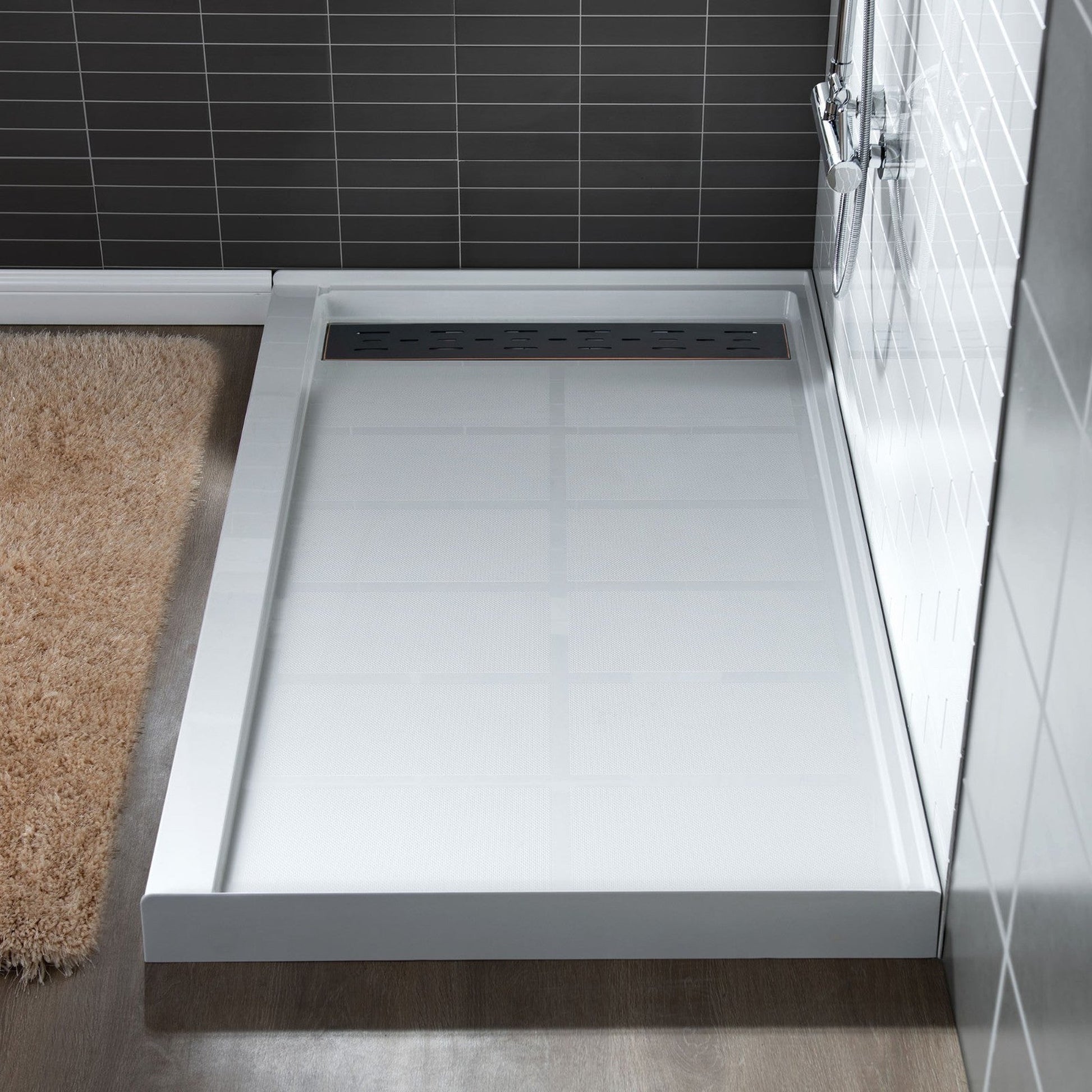 WoodBridge 48" x 32" White Solid Surface Shower Base Left Drain Location With Oil Rubbed Bronze Trench Drain Cover