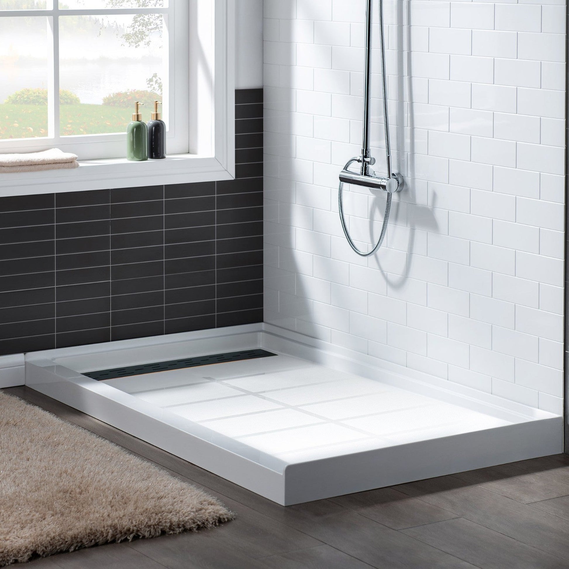 WoodBridge 48" x 32" White Solid Surface Shower Base Left Drain Location With Oil Rubbed Bronze Trench Drain Cover