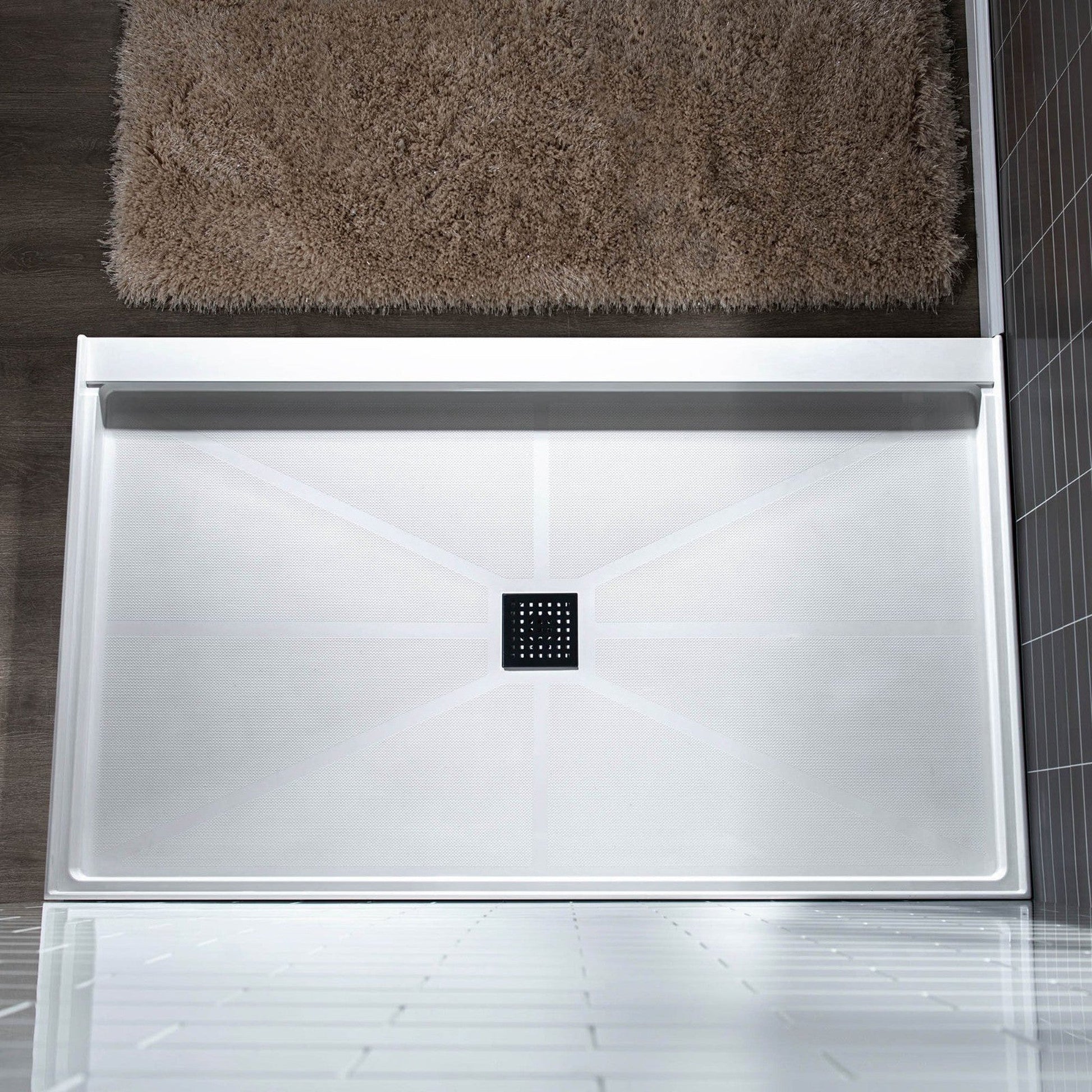 WoodBridge 48" x 32" White Solid Surface Shower Base Matte Black Trench Drain Cover Center Drain Location With MSDC4876-MBL Shower Door and SWP603296-1-SU-H White High Gloss Vertical Pattern 3-Panel Shower Wall Kit