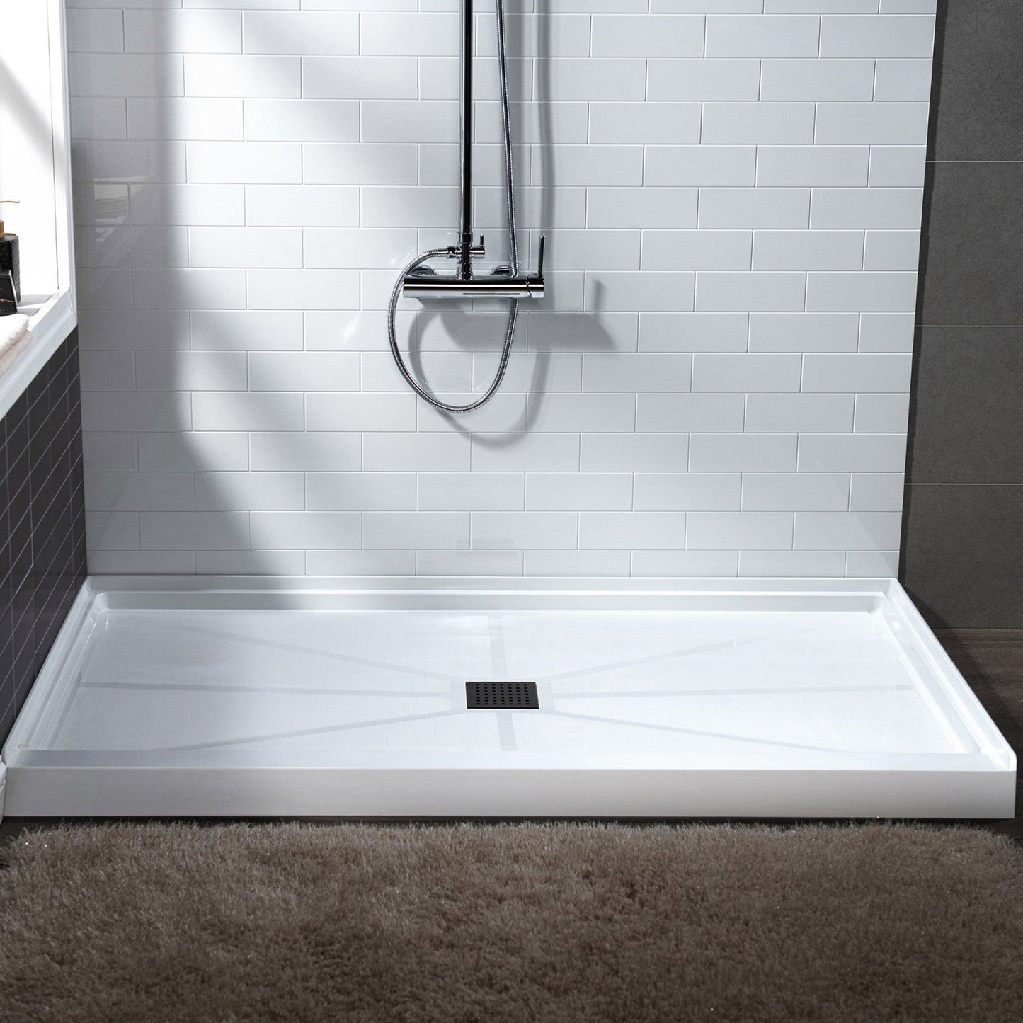 WoodBridge 48" x 32" White Solid Surface Shower Base Matte Black Trench Drain Cover Center Drain Location With MSDC4876-MBL Shower Door and SWP603296-3-SB-M Matte White Vertical Pattern 3-Panel Shower Wall Kit