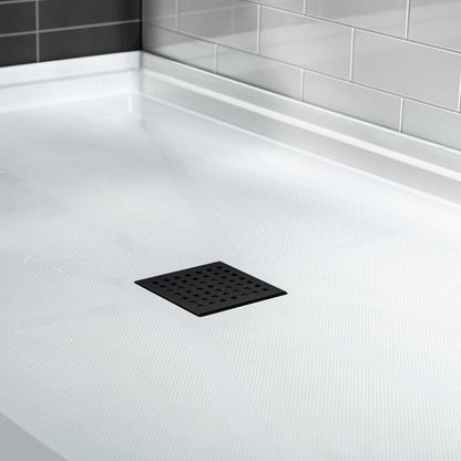 WoodBridge 48" x 32" White Solid Surface Shower Base Matte Black Trench Drain Cover Center Drain Location With MSDC4876-MBL Shower Door and SWP603696-3-SB-M Matte White Vertical Pattern 3-Panel Shower Wall Kit