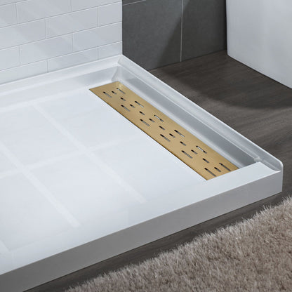 WoodBridge 48" x 32" White Solid Surface Shower Base Right Drain Location With Brushed Gold Trench Drain Cover