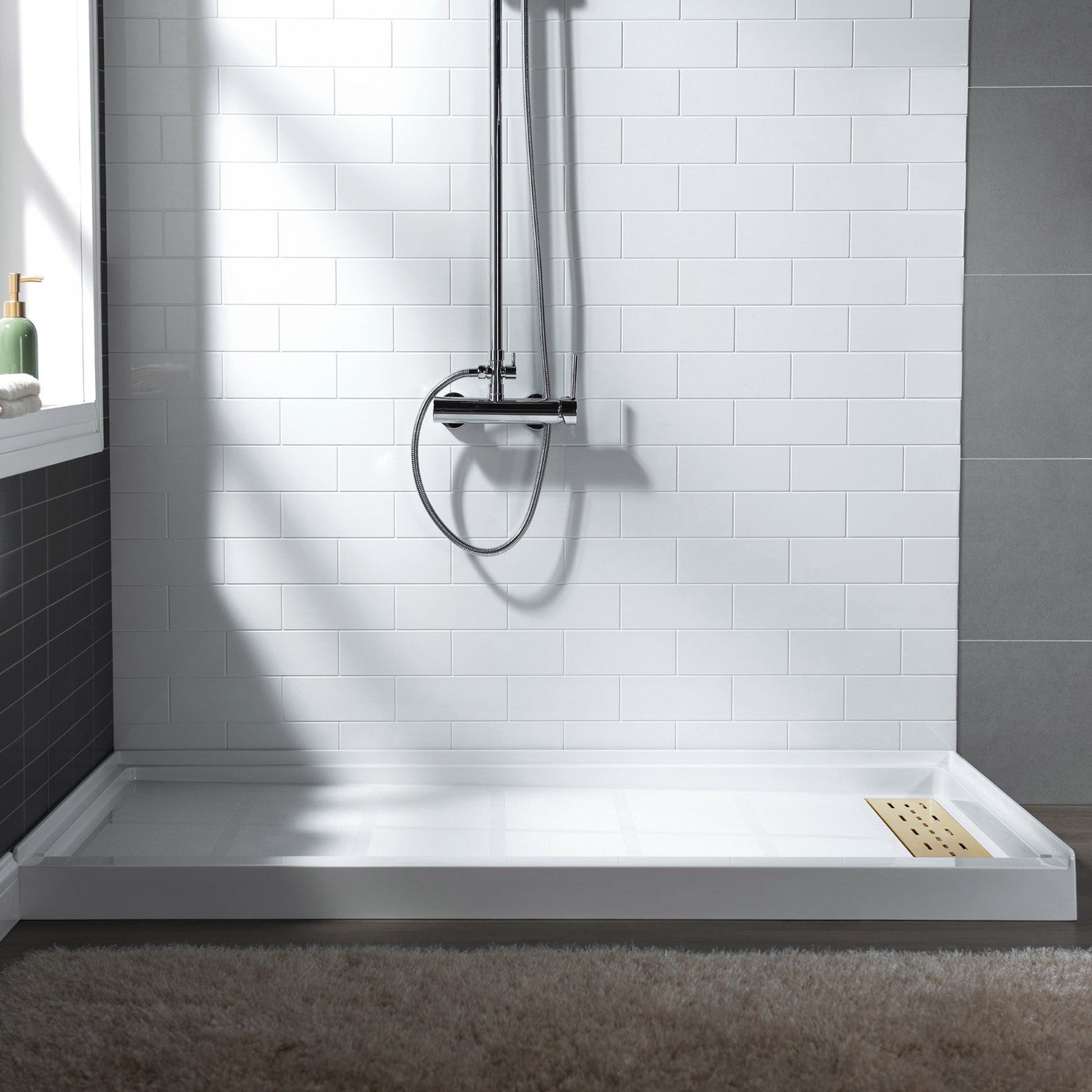 WoodBridge 48" x 32" White Solid Surface Shower Base Right Drain Location With Brushed Gold Trench Drain Cover