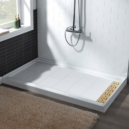 WoodBridge 48" x 32" White Solid Surface Shower Base Right Drain Location With Brushed Gold Trench Drain Cover