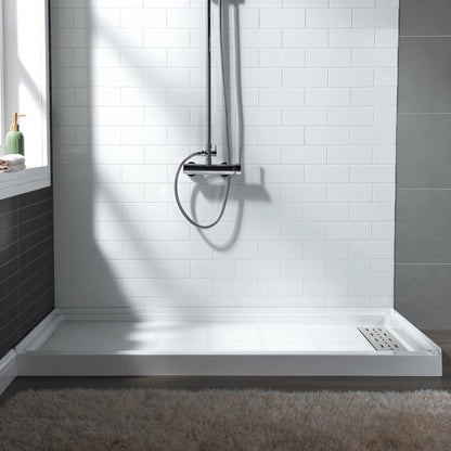 WoodBridge 48" x 32" White Solid Surface Shower Base Right Drain Location With Brushed Nickel Trench Drain Cover