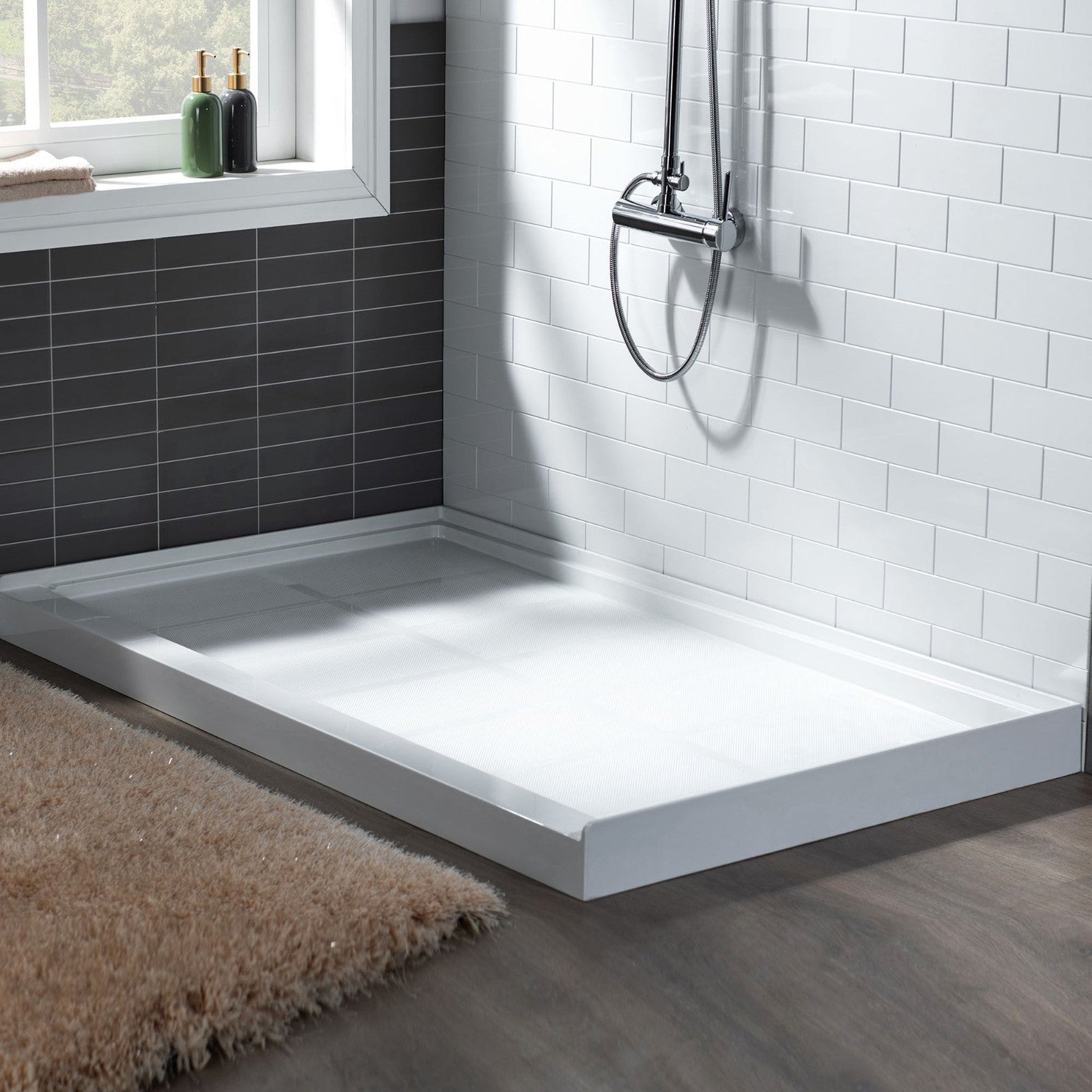 WoodBridge 48" x 32" White Solid Surface Shower Base Right Drain Location With Brushed Nickel Trench Drain Cover