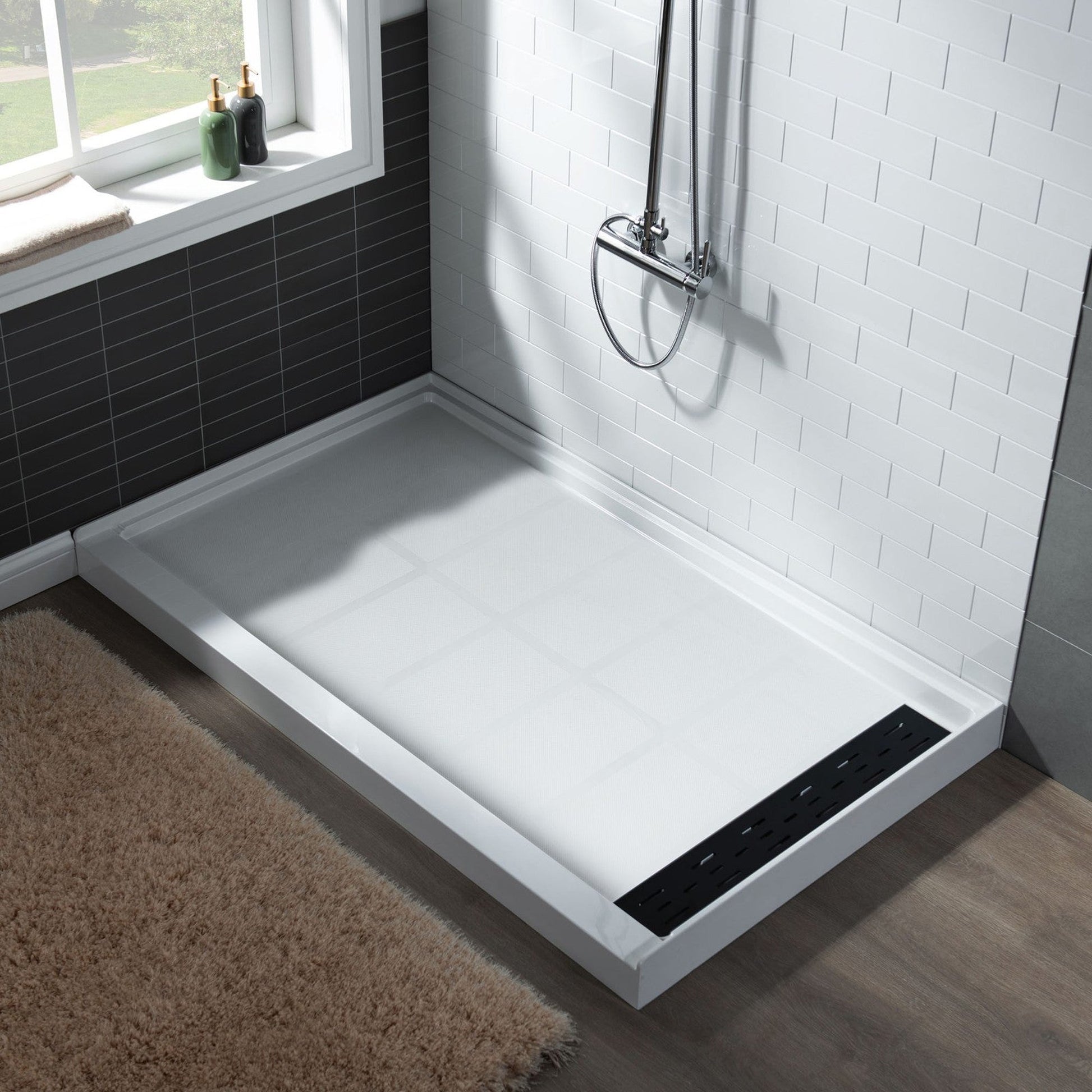 WoodBridge 48" x 32" White Solid Surface Shower Base Right Drain Location With Matte Black Trench Drain Cover
