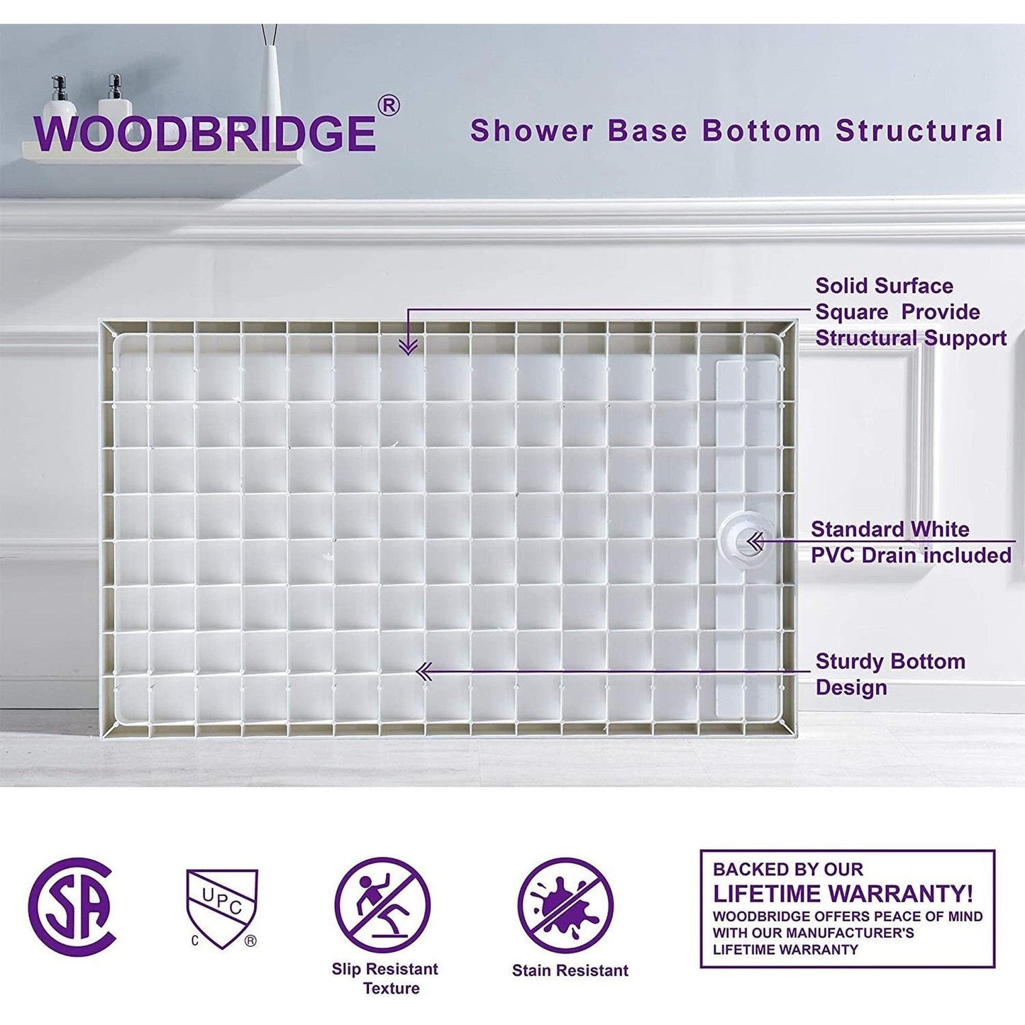 WoodBridge 48" x 32" White Solid Surface Shower Base Right Drain Location With Matte Black Trench Drain Cover